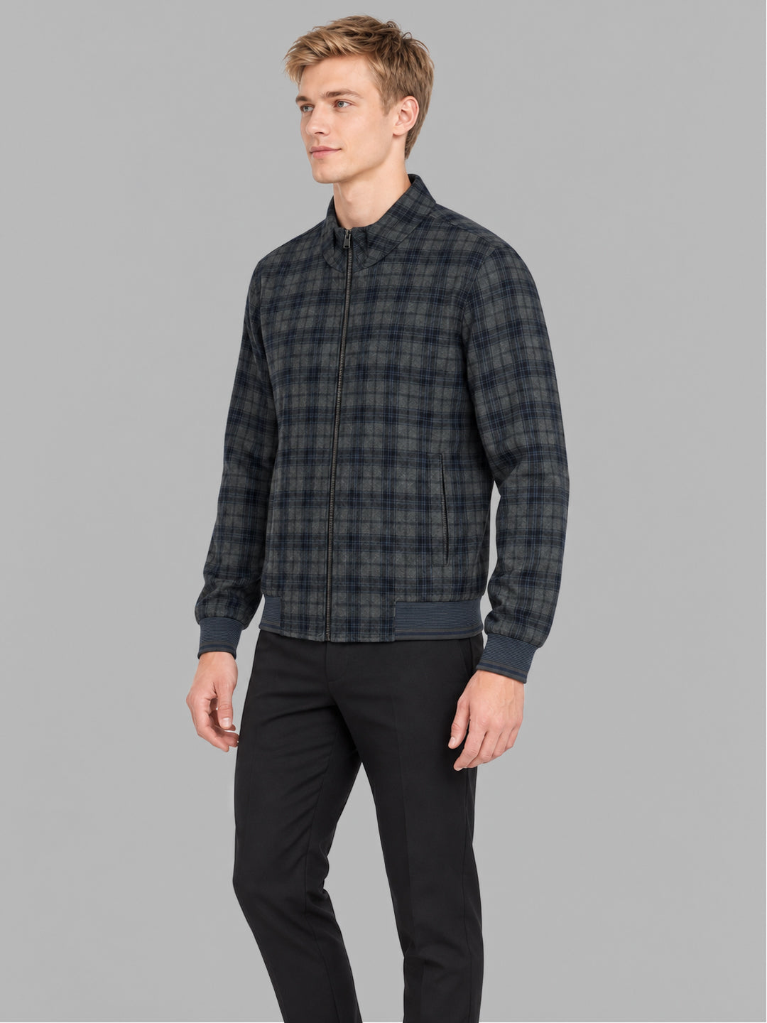 Men Blue Check Mock Neck Full Sleeve Jacket