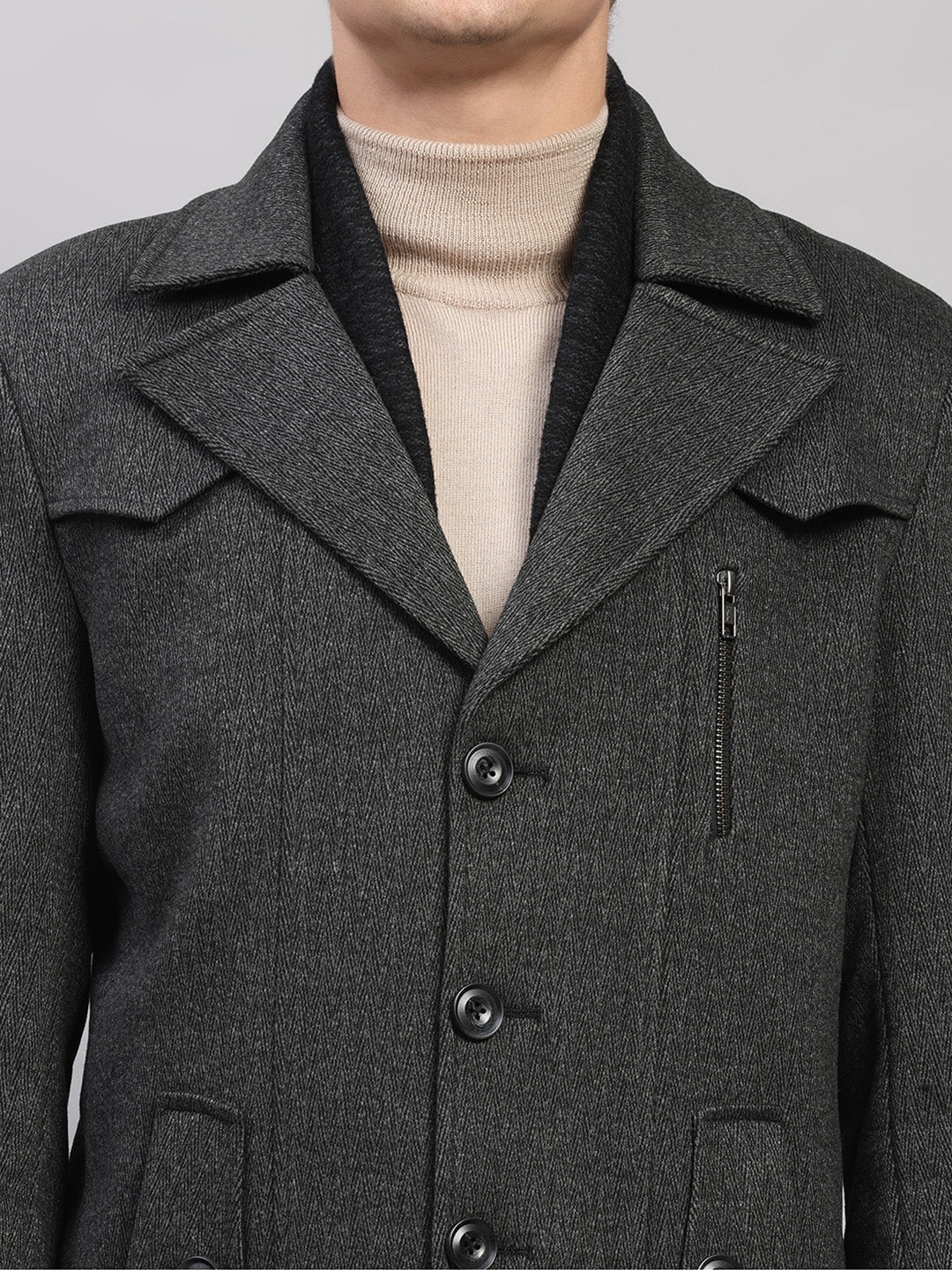 Men Black Solid Collar Full Sleeve Coat