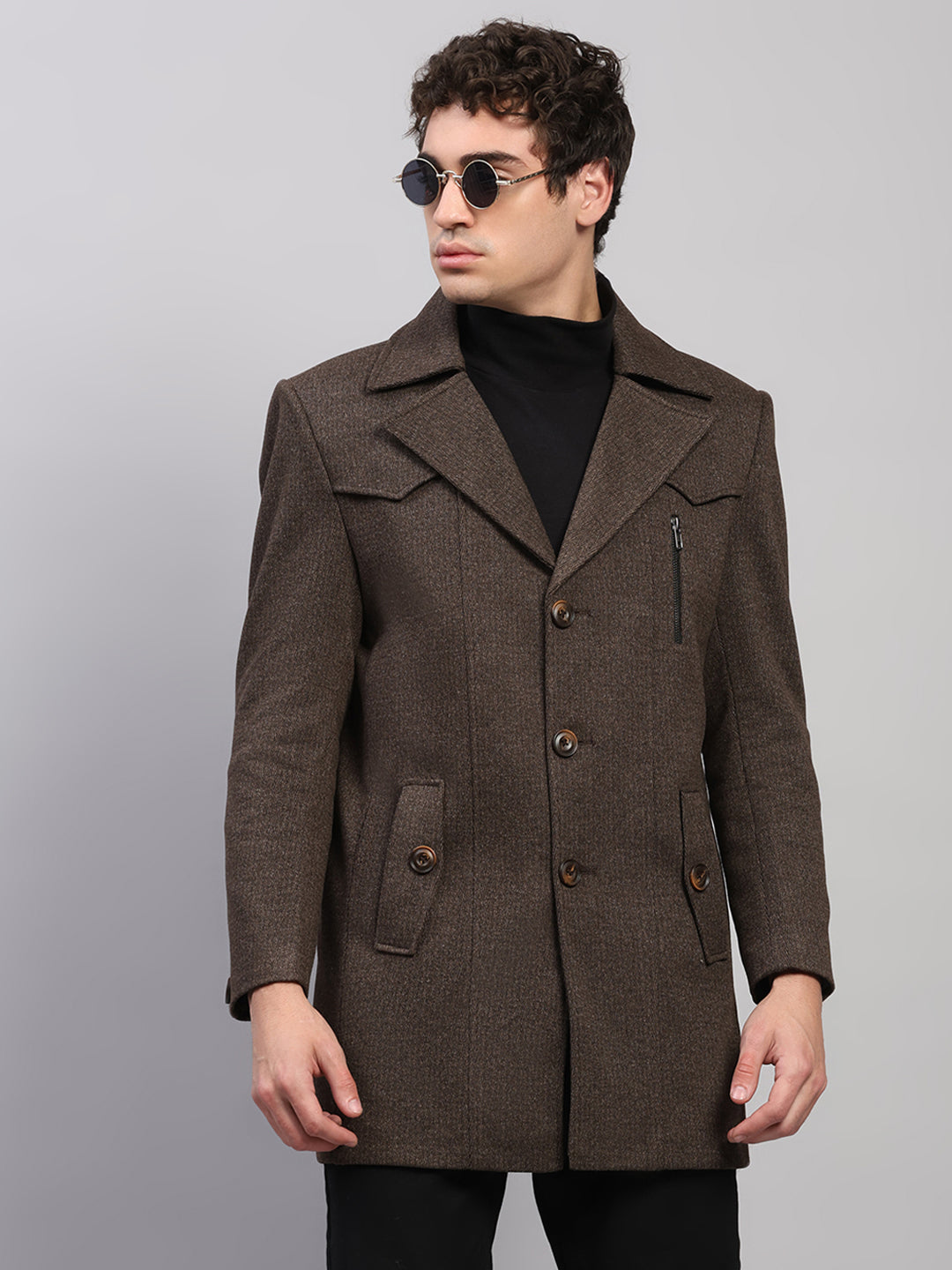 Men Brown Solid Collar Full Sleeve Coat