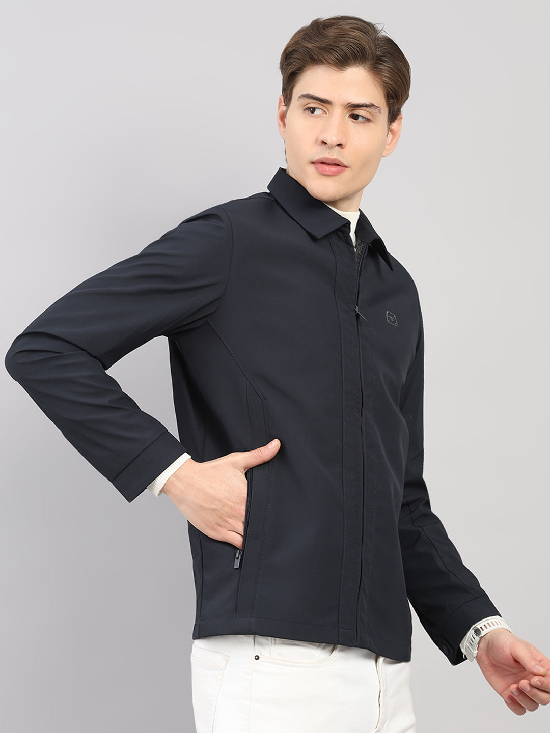 Men Navy Blue Solid Stand Collar Full Sleeve Jacket