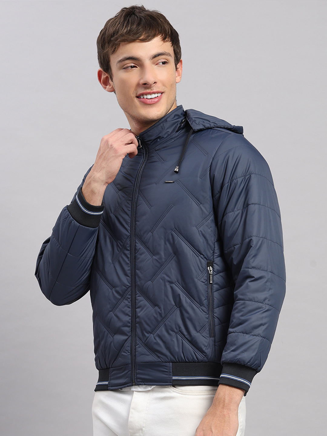 Men Blue Solid Hooded Full Sleeve Jacket