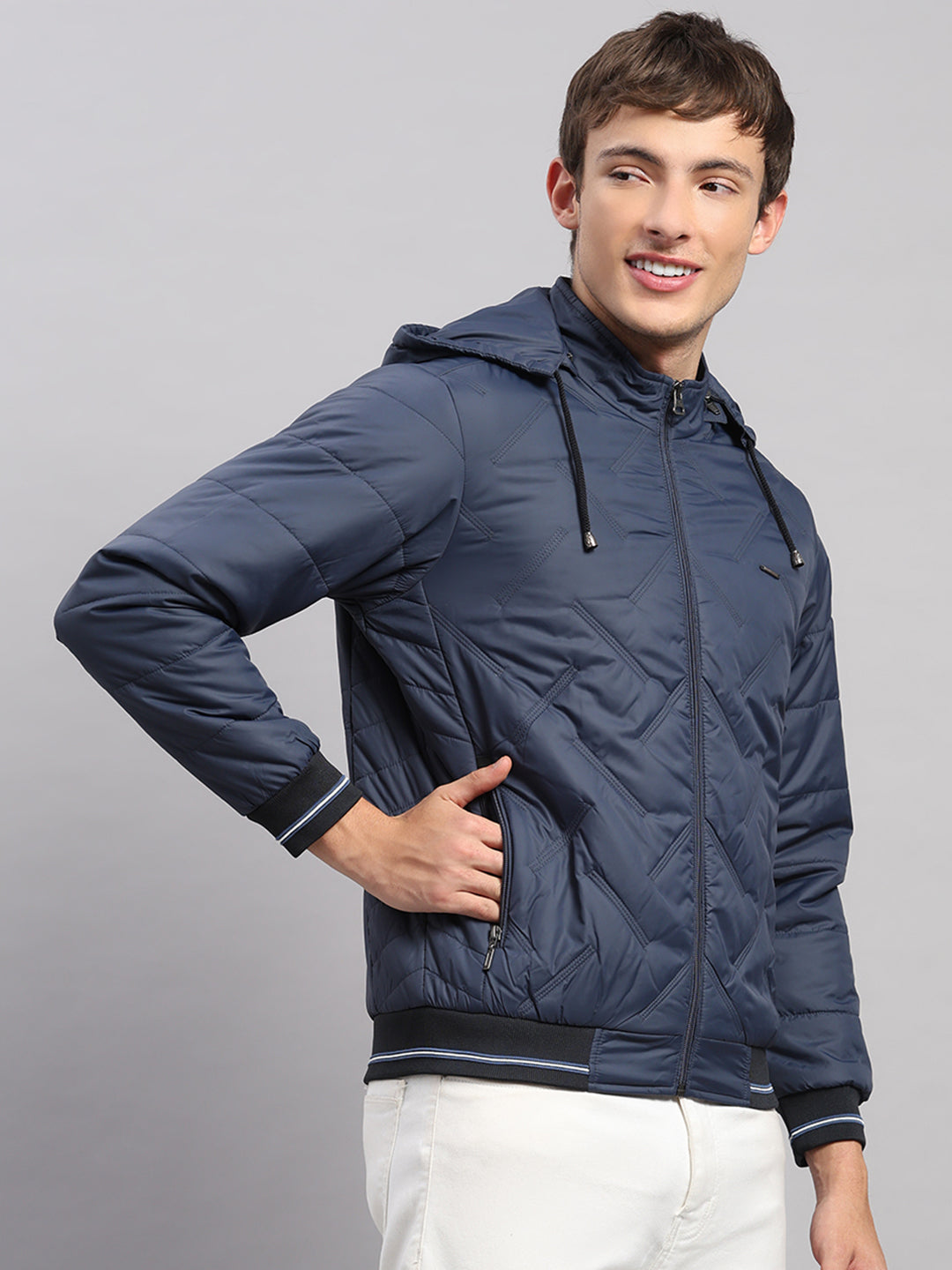 Men Blue Solid Hooded Full Sleeve Jacket