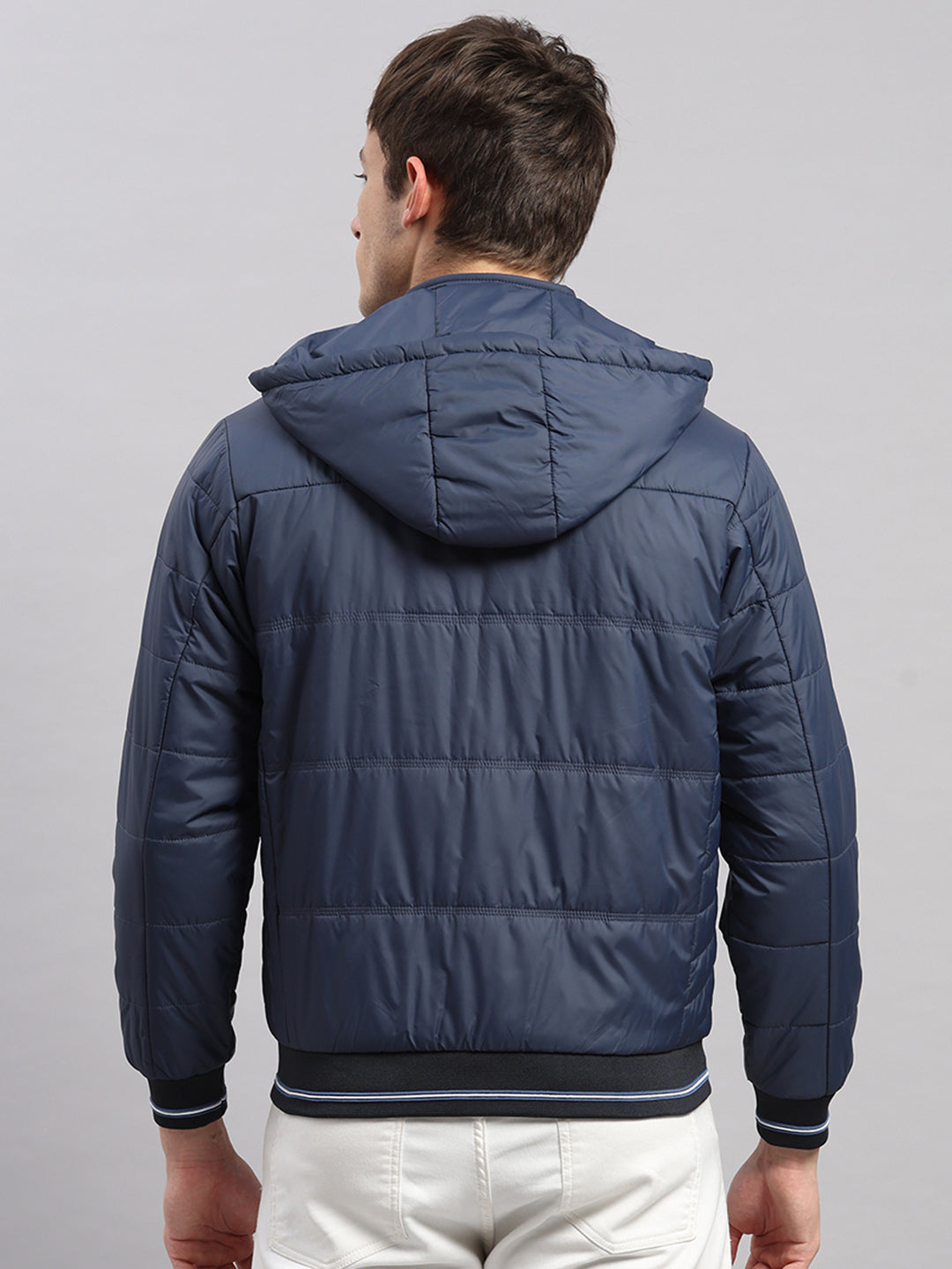 Men Blue Solid Hooded Full Sleeve Jacket