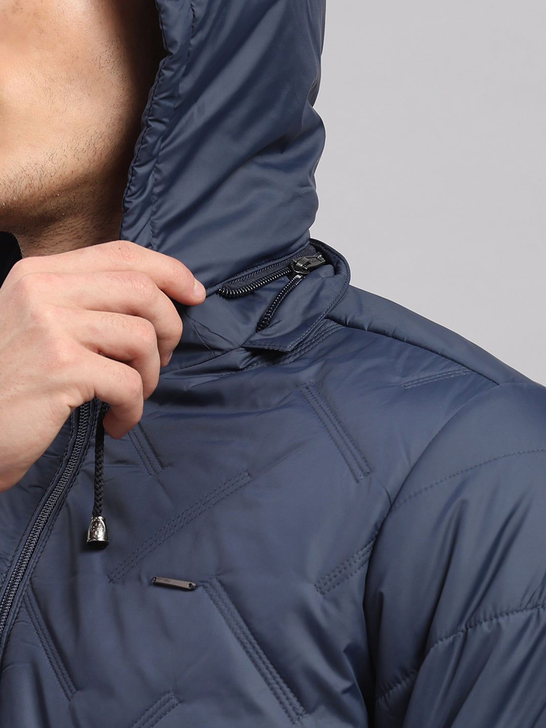 Men Blue Solid Hooded Full Sleeve Jacket