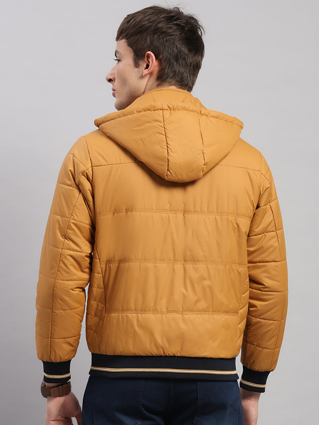 Men Golden Yellow Solid Hooded Full Sleeve Jacket