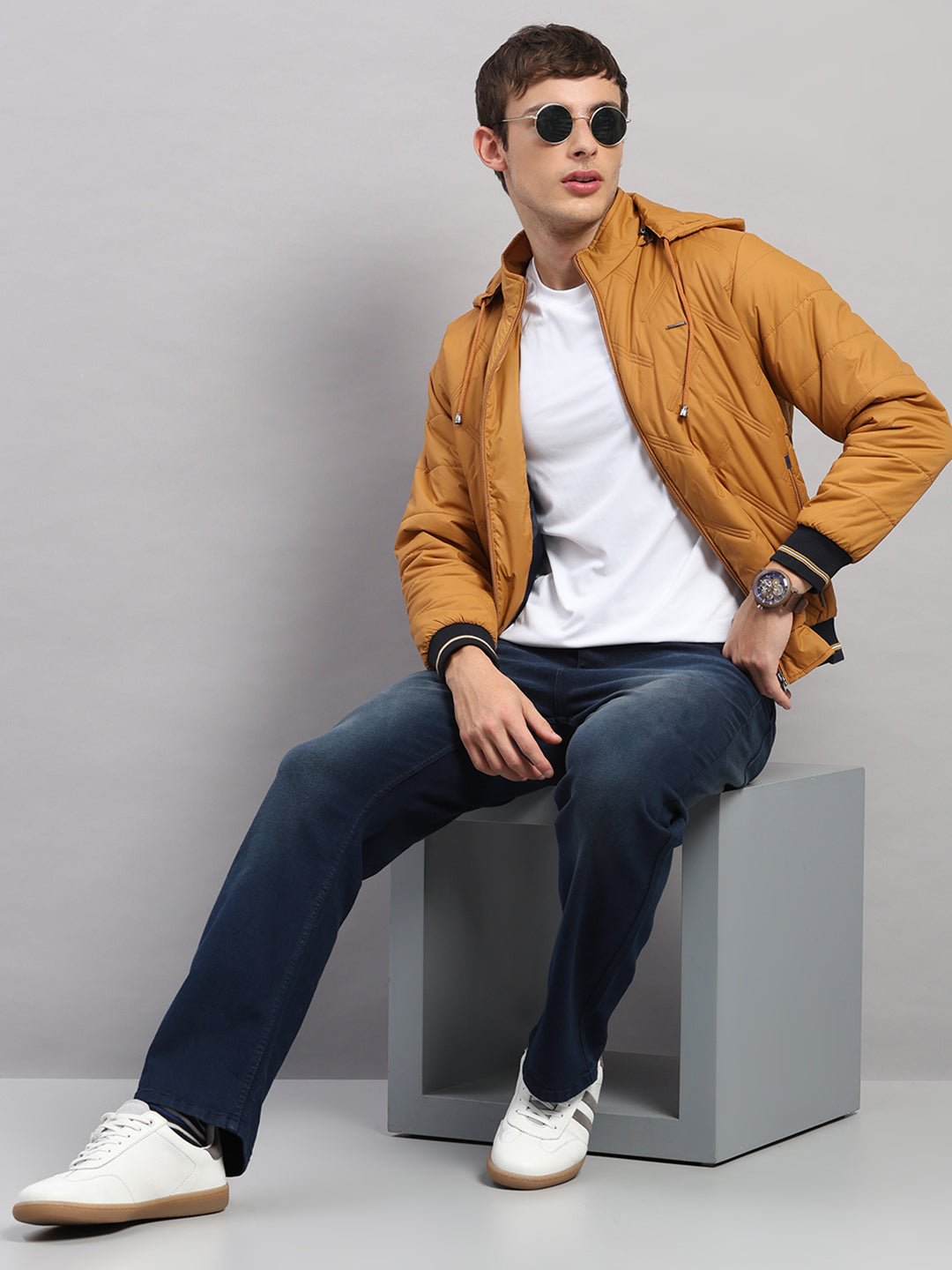 Men Golden Yellow Solid Hooded Full Sleeve Jacket