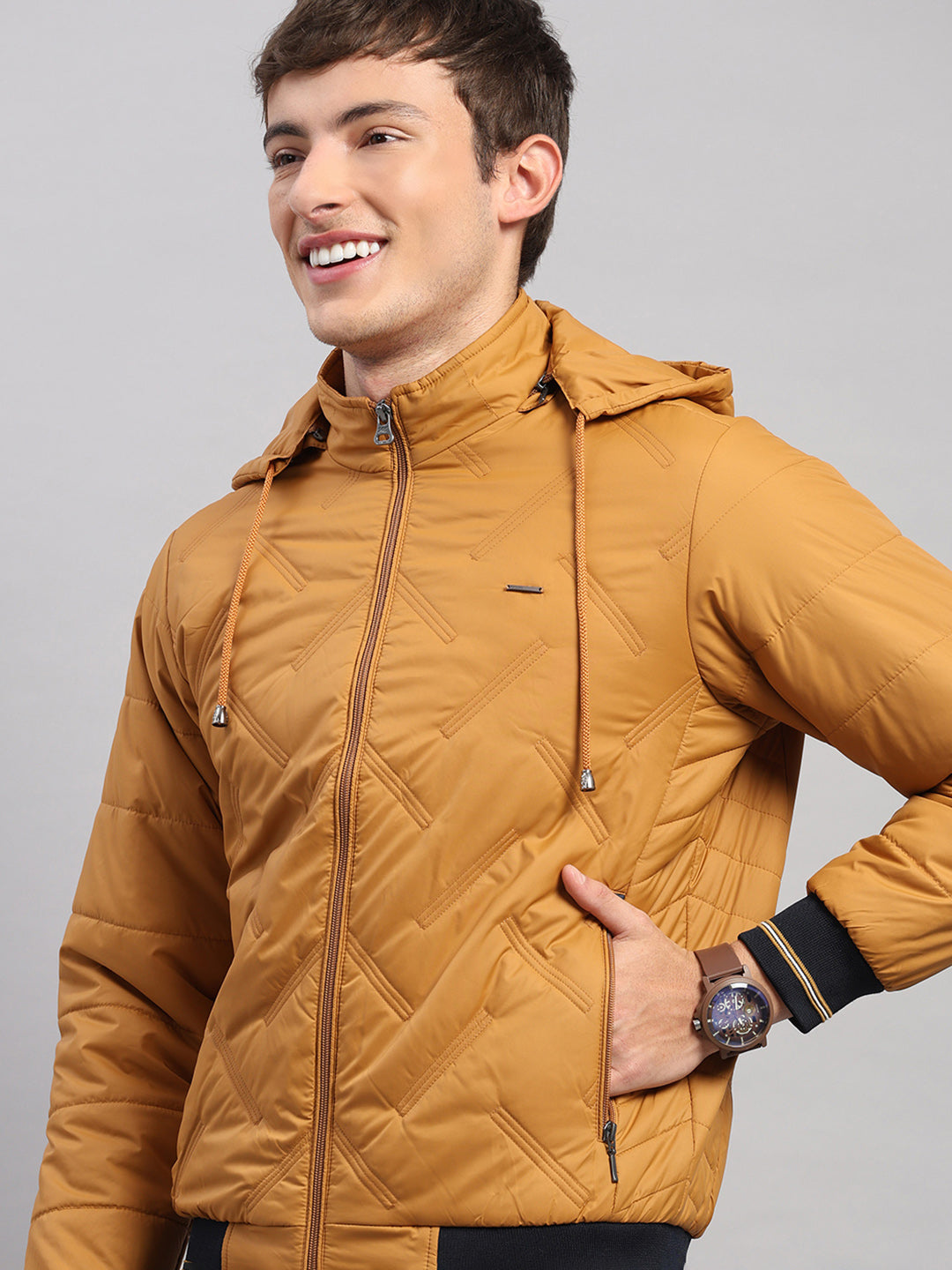 Men Golden Yellow Solid Hooded Full Sleeve Jacket