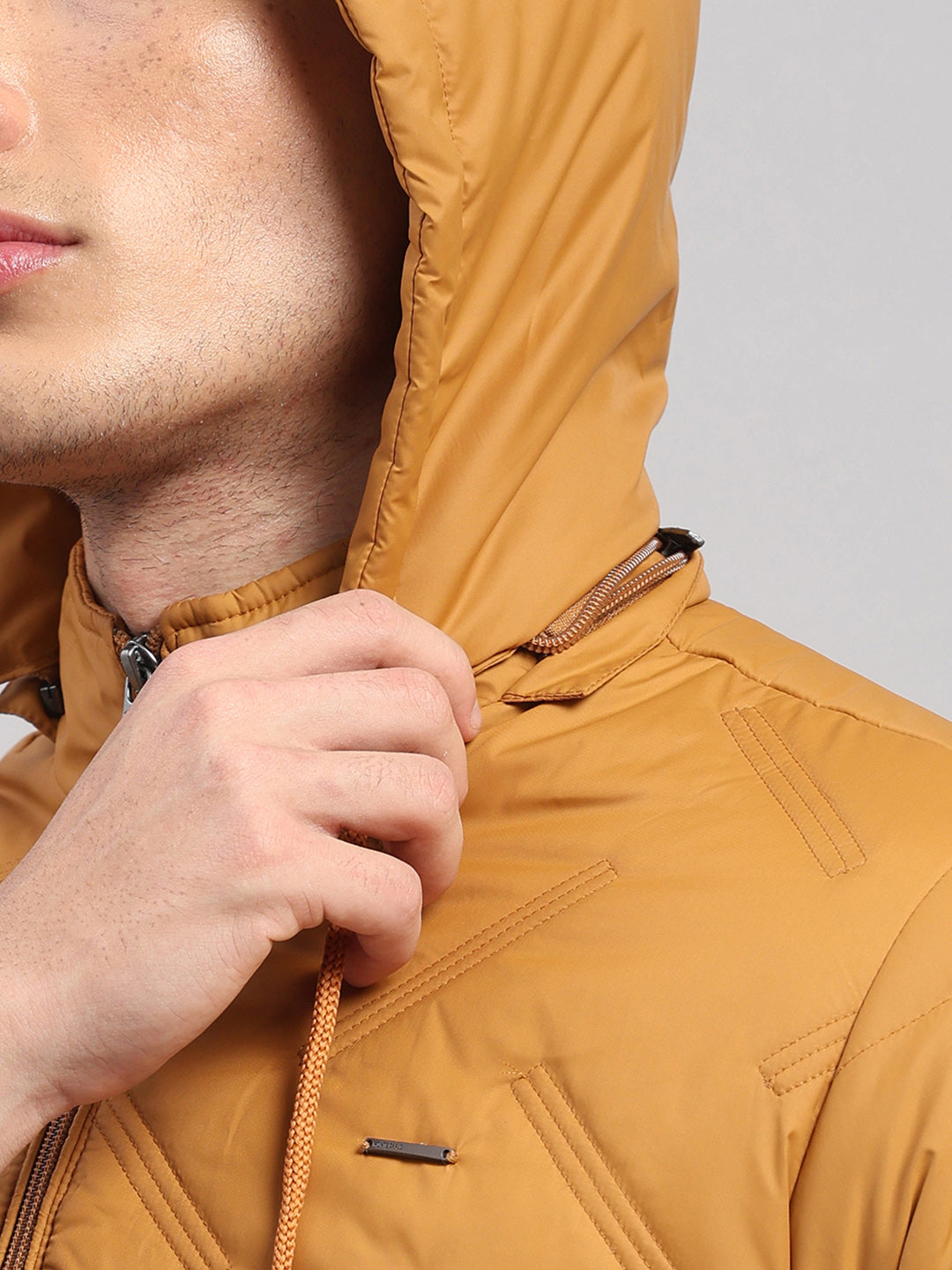 Men Golden Yellow Solid Hooded Full Sleeve Jacket