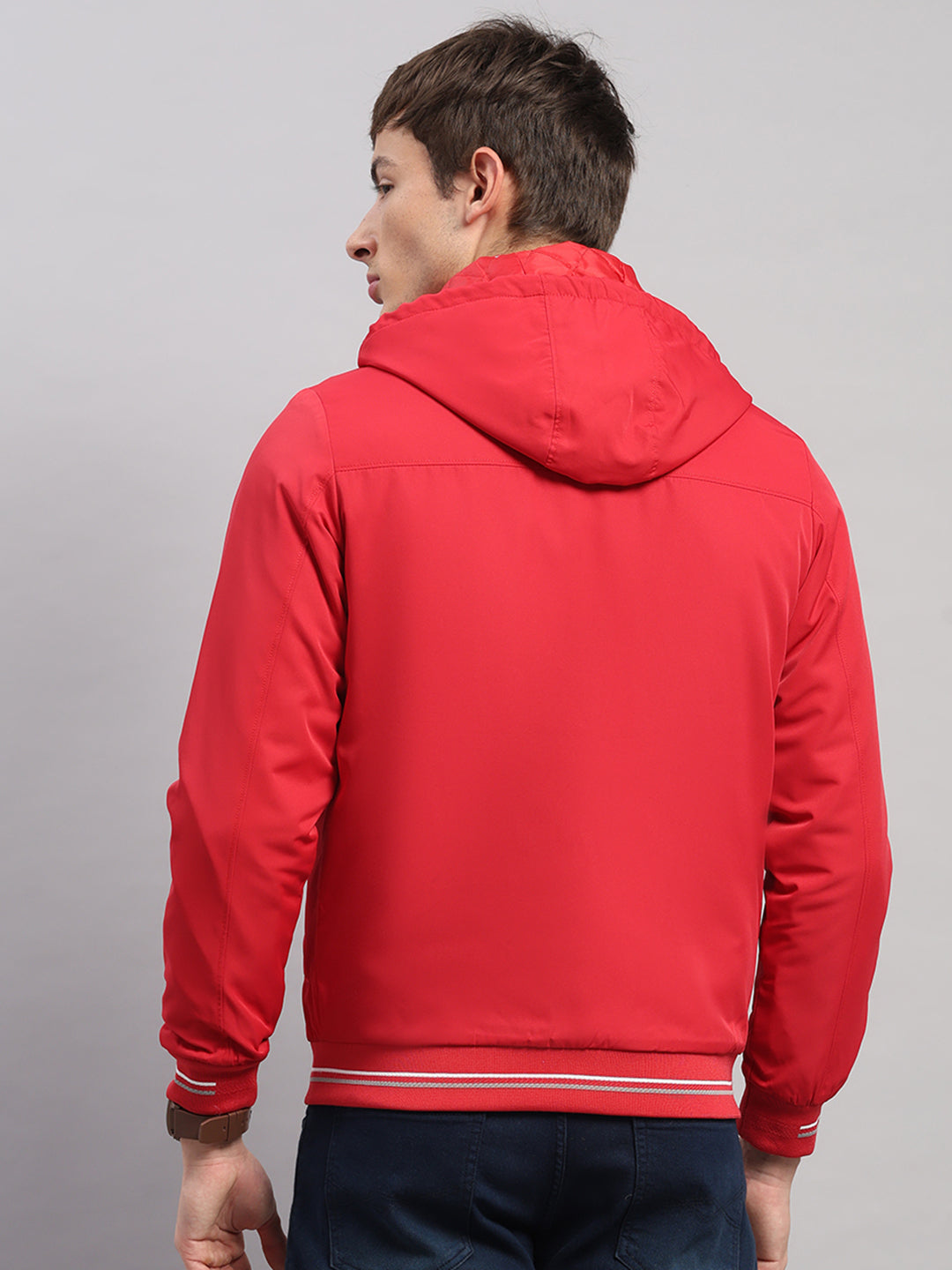 Men Red Solid Hooded Full Sleeve Jacket