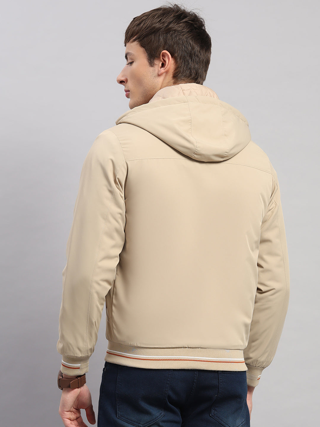 Men Beige Solid Hooded Full Sleeve Jacket