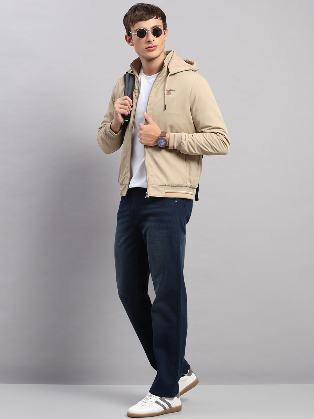 Men Beige Solid Hooded Full Sleeve Jacket