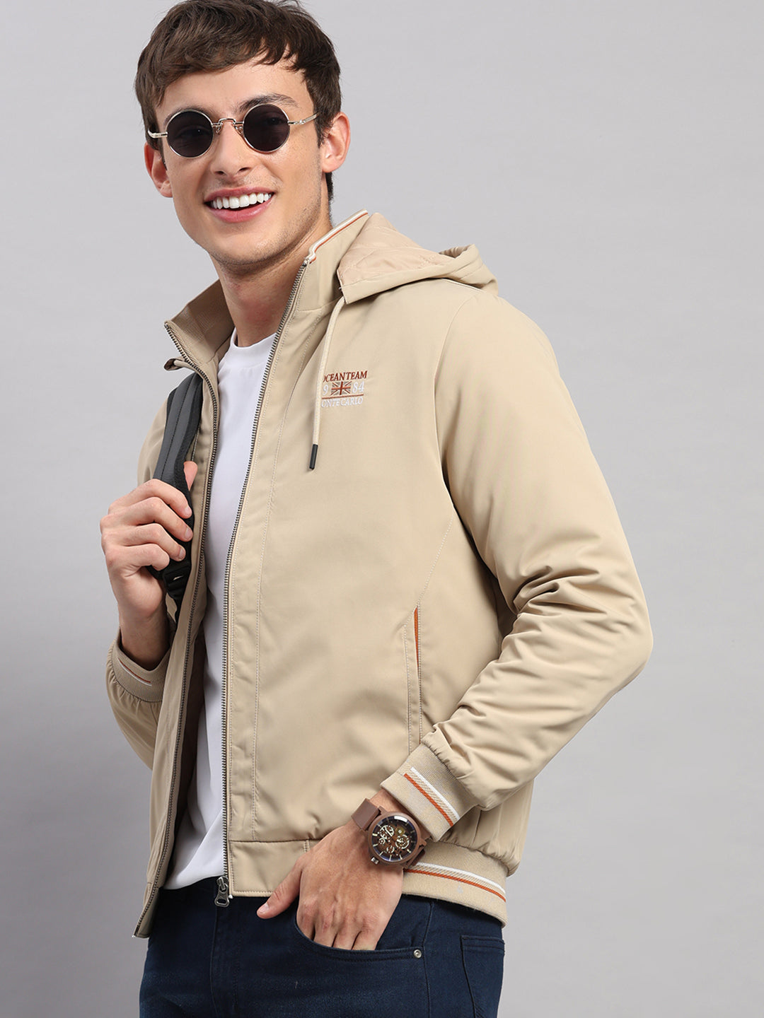 Men Beige Solid Hooded Full Sleeve Jacket