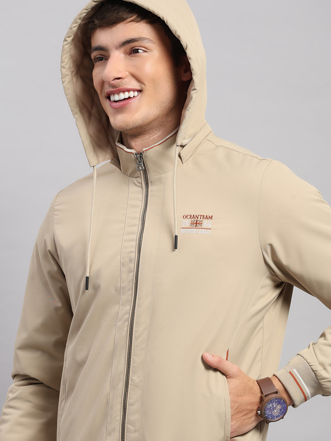 Men Beige Solid Hooded Full Sleeve Jacket