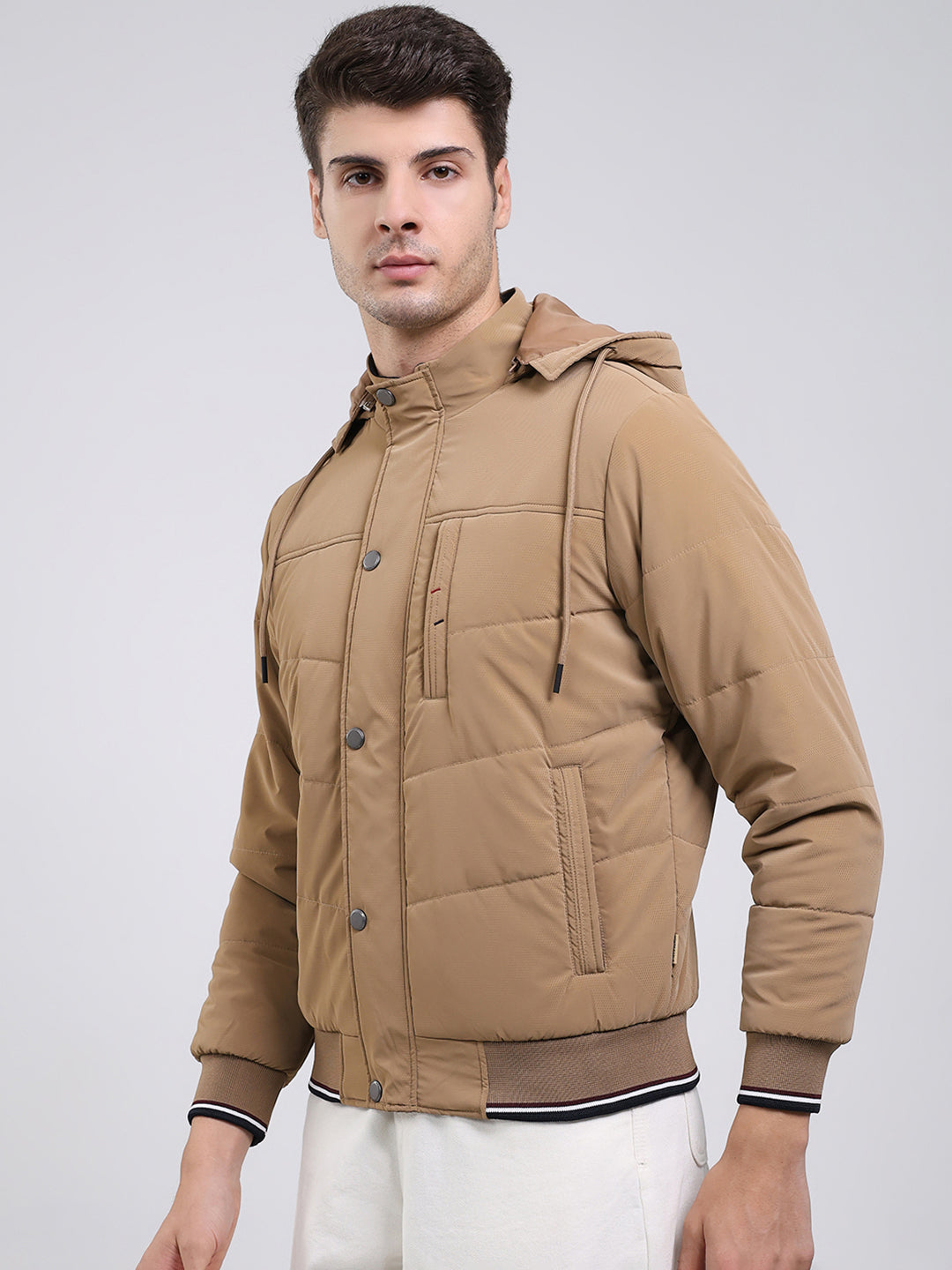 Men Camel Brown Solid Hooded Full Sleeve Jacket