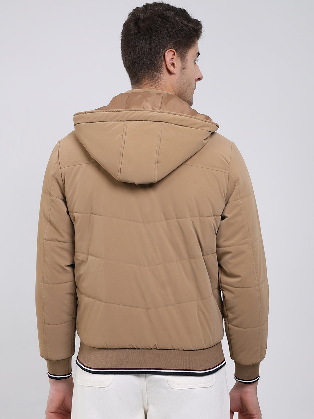Men Camel Brown Solid Hooded Full Sleeve Jacket