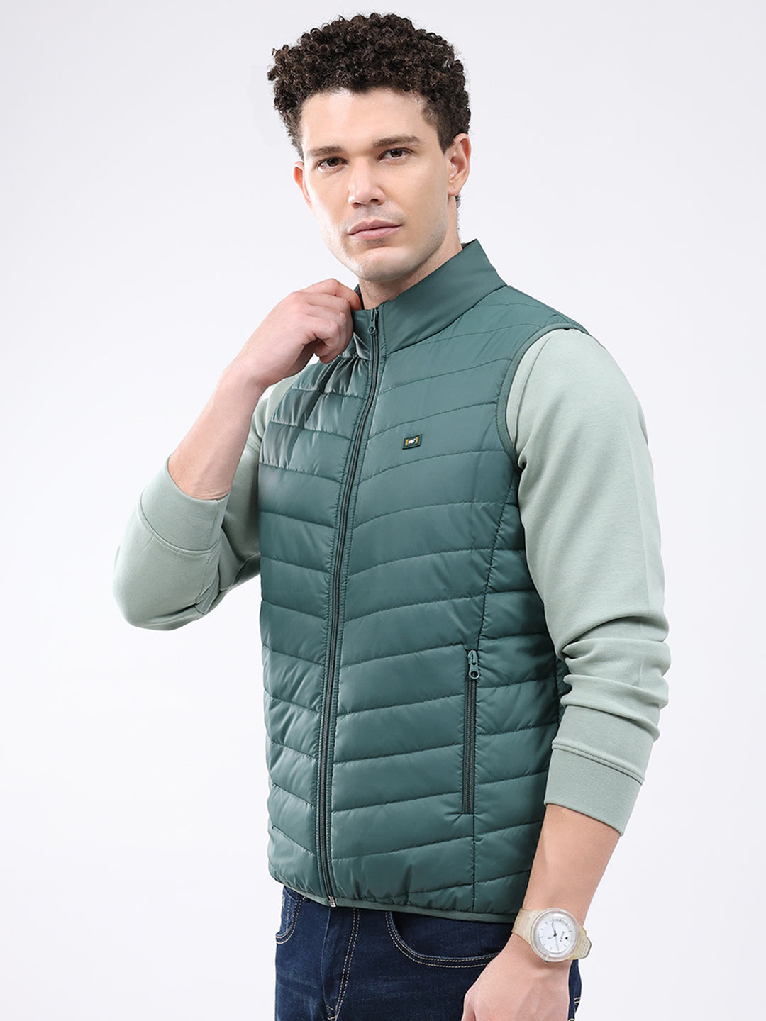 Men Green Solid Collar Sleeveless Jacket