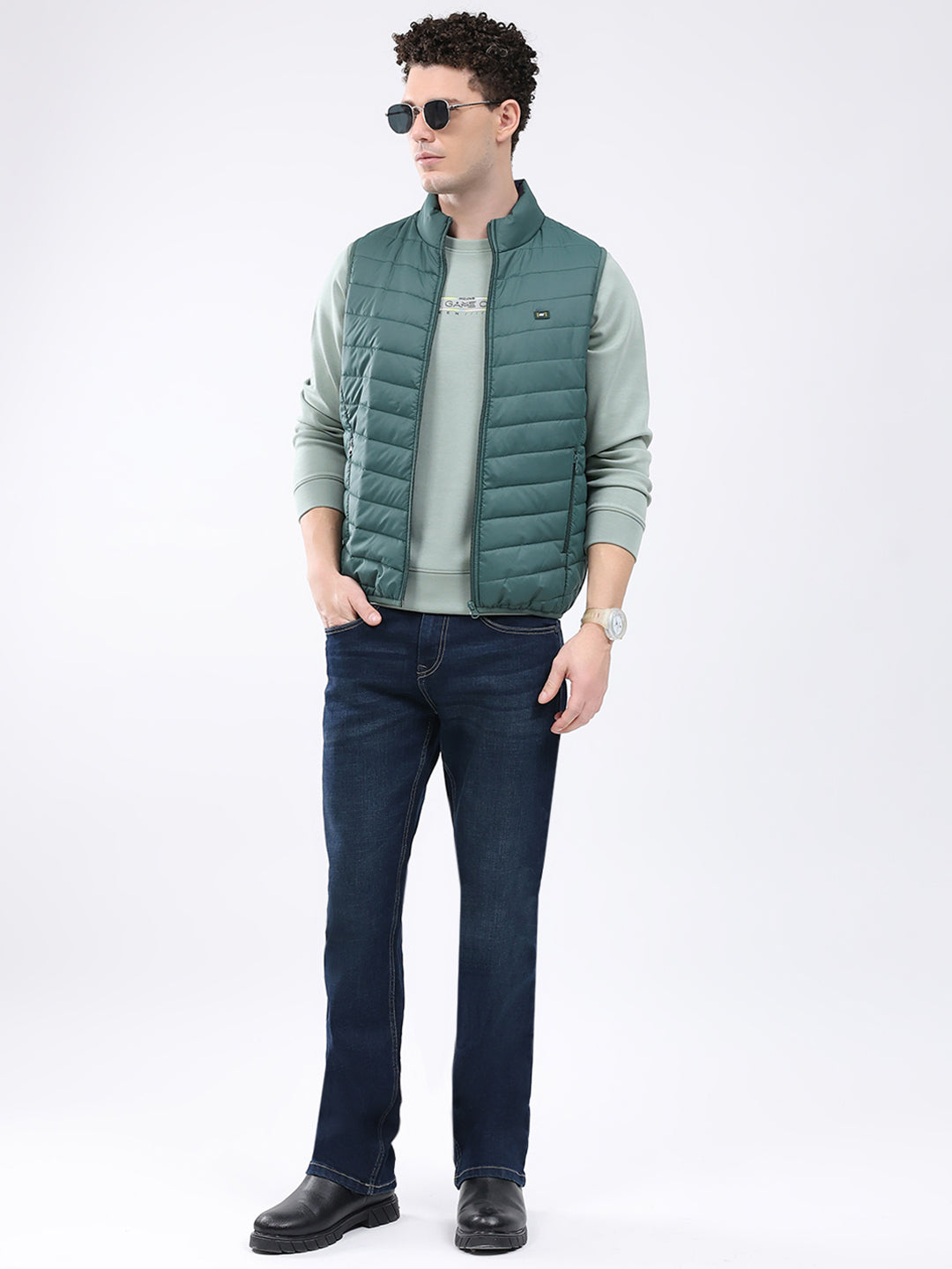 Men Green Solid Collar Sleeveless Jacket
