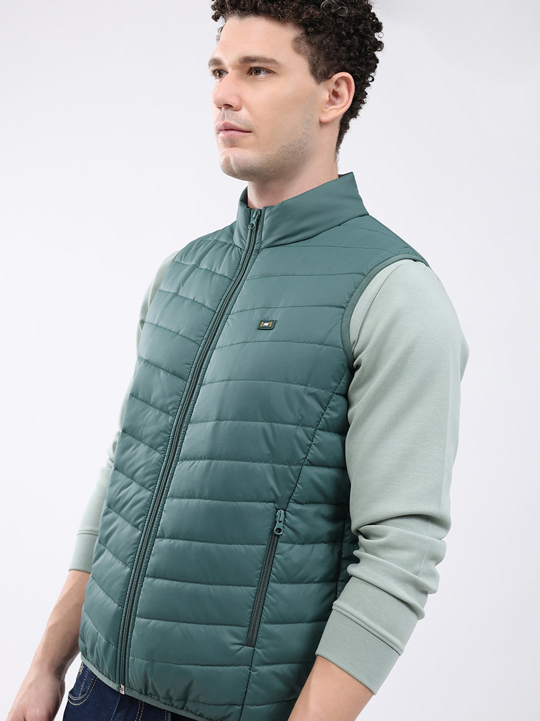 Men Green Solid Collar Sleeveless Jacket
