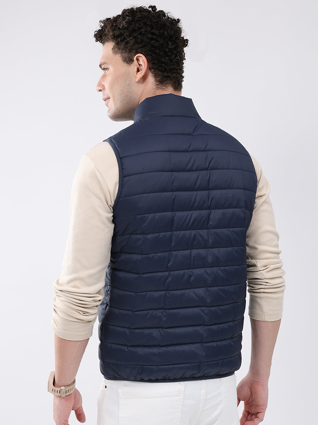 Men Dark Blue Solid Collar Sleeveless Jacket