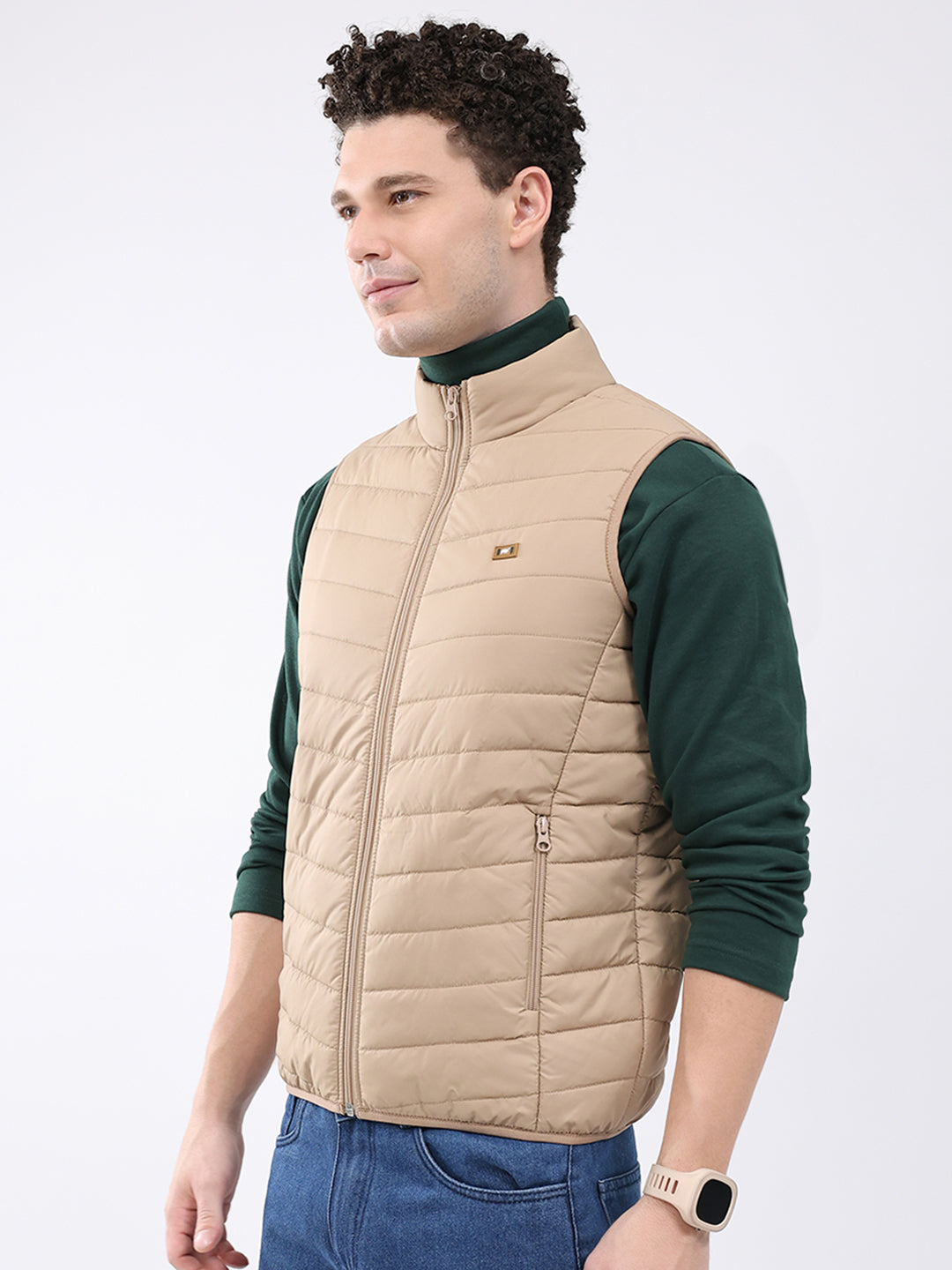 Men Beige Solid Collar Sleeveless Jacket