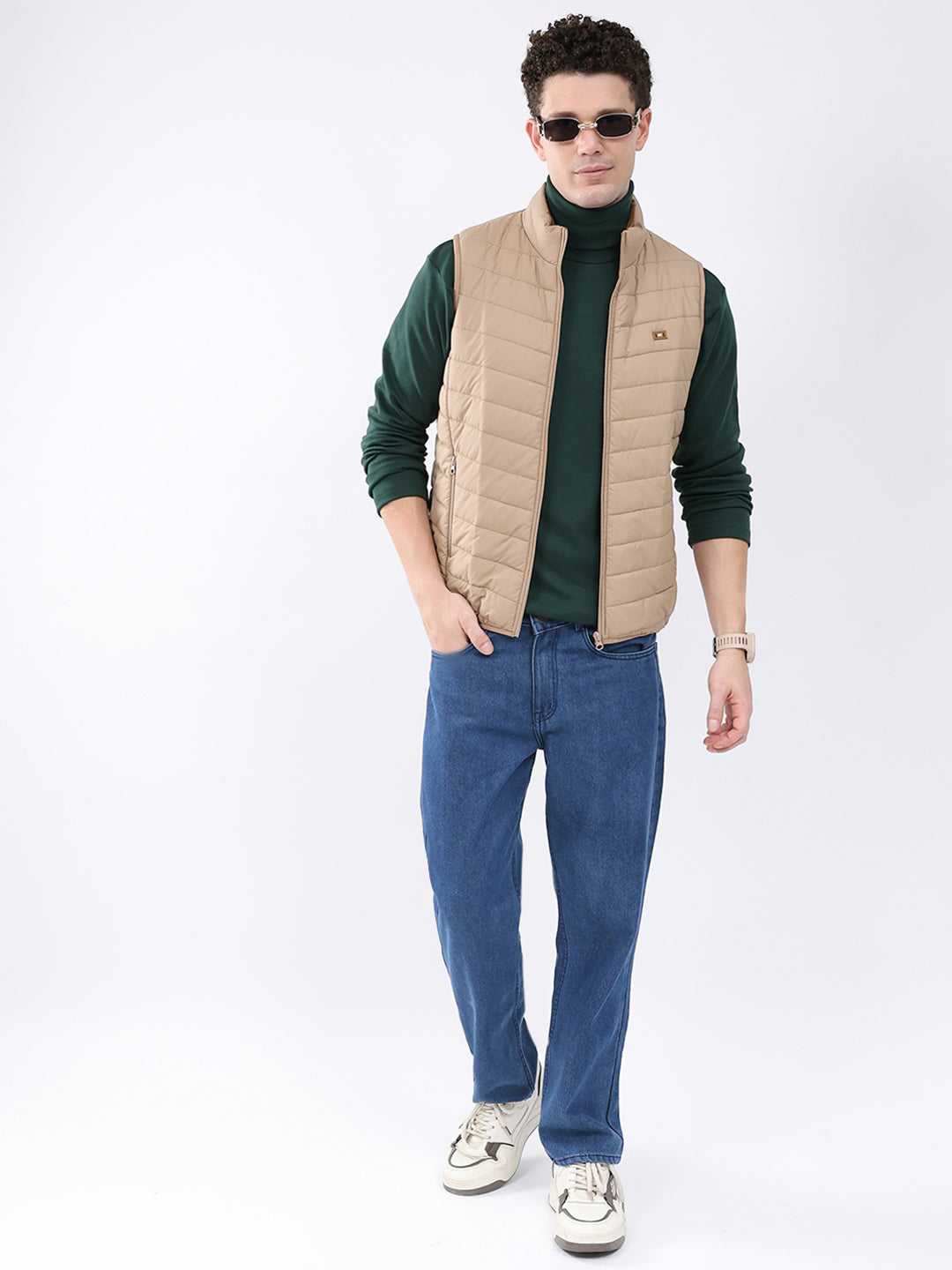 Men Beige Solid Collar Sleeveless Jacket