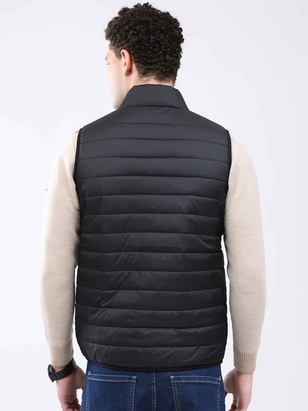 Men Black Solid Collar Sleeveless Jacket