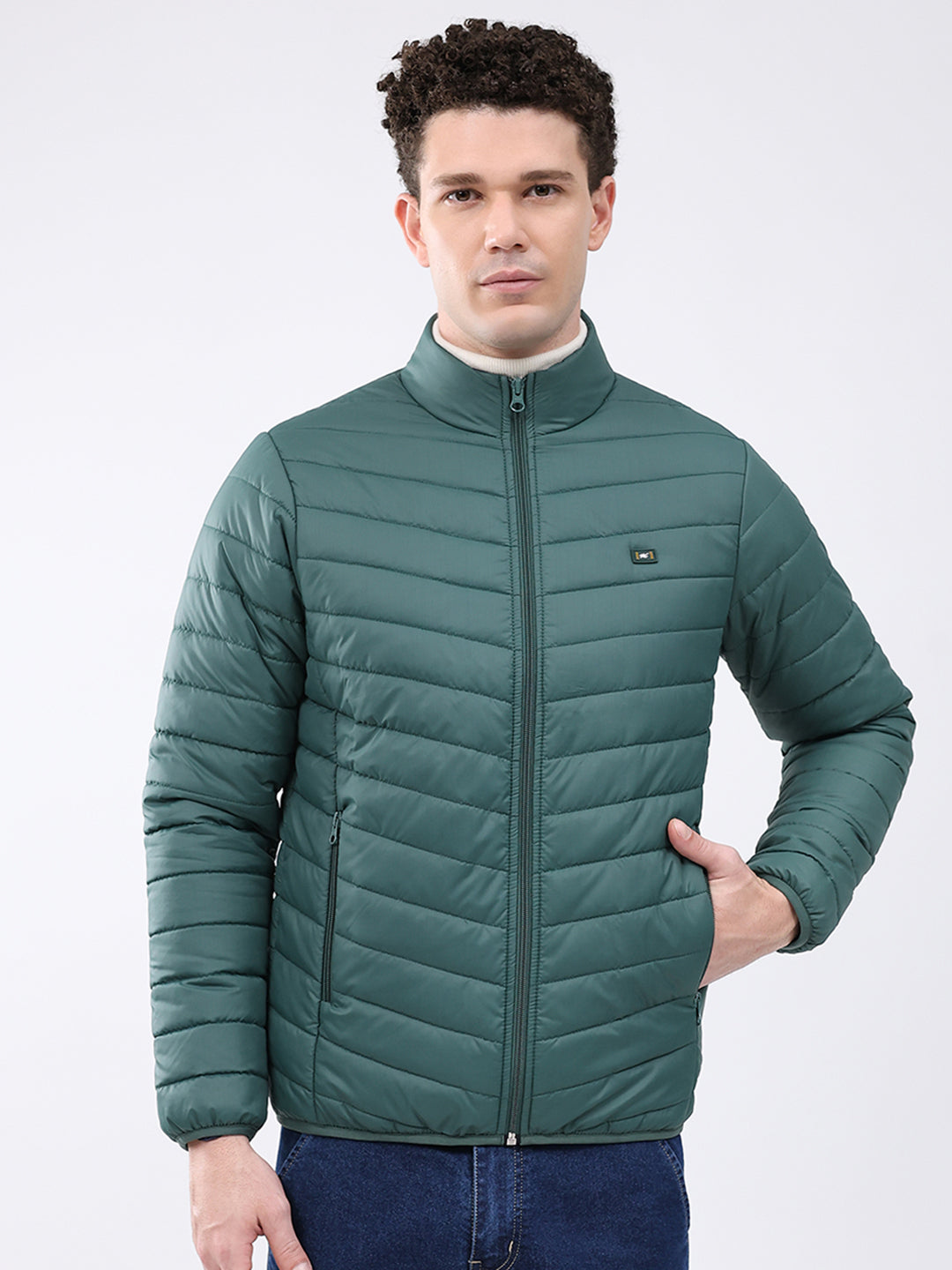 Men Dark Green Solid Collar Full Sleeve Jacket