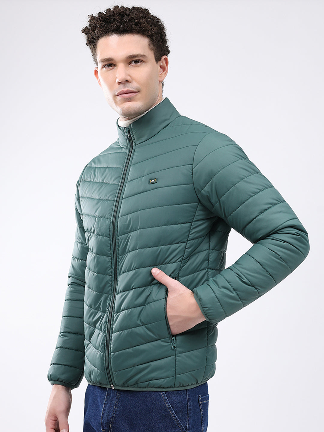 Men Dark Green Solid Collar Full Sleeve Jacket