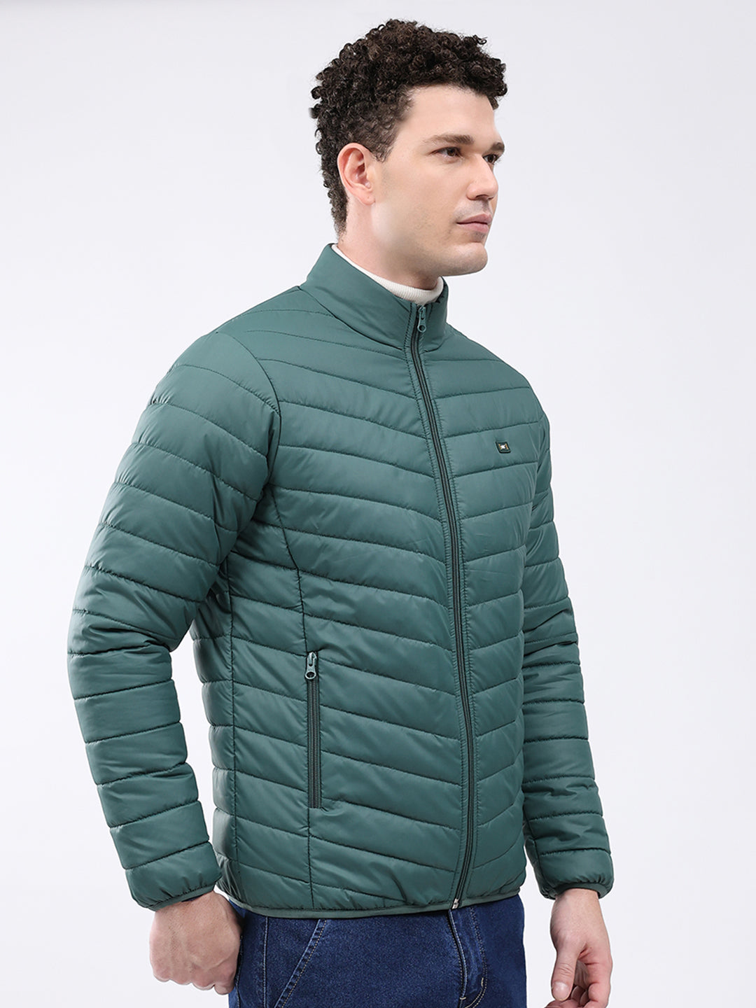 Men Dark Green Solid Collar Full Sleeve Jacket