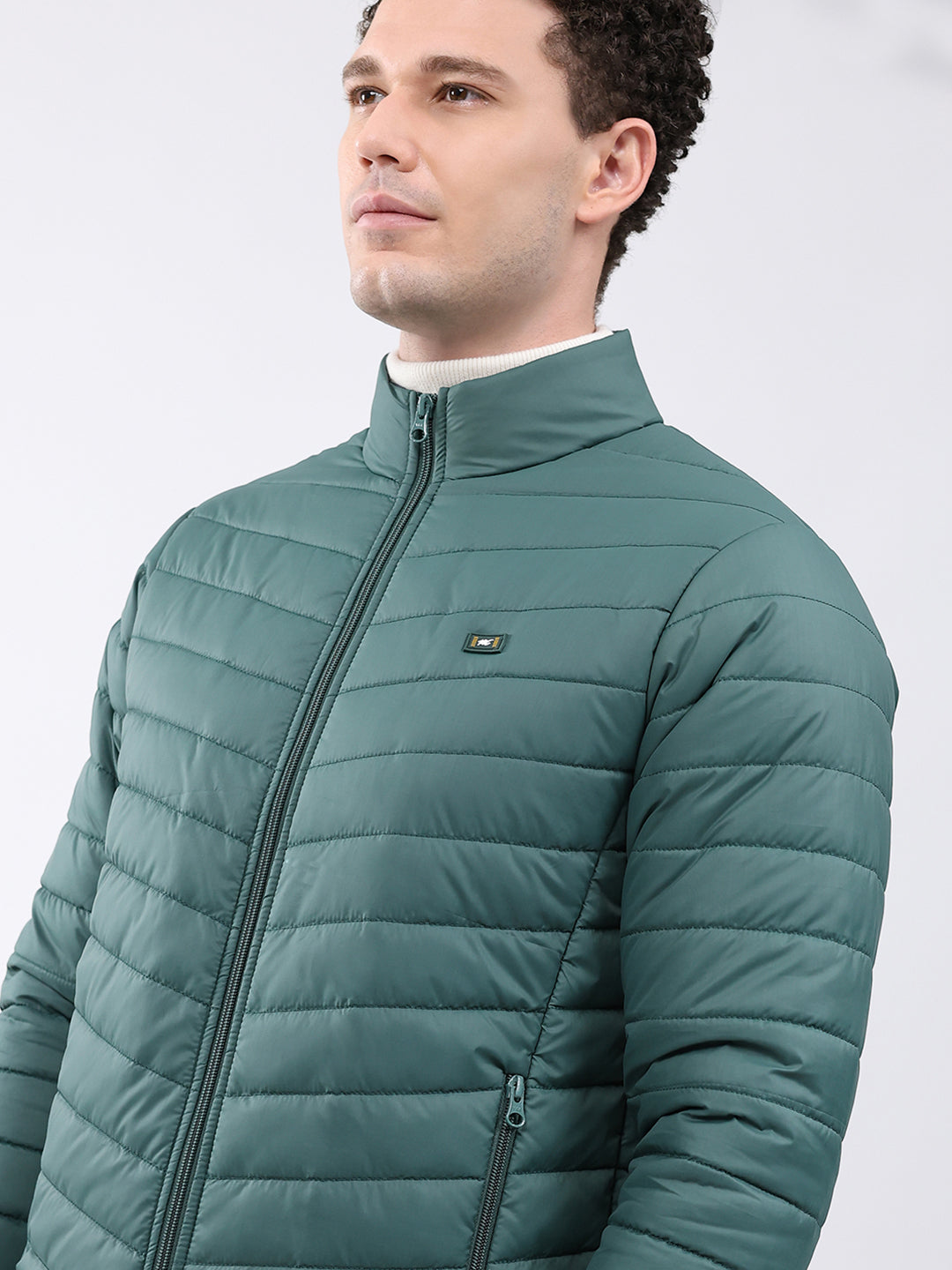 Men Dark Green Solid Collar Full Sleeve Jacket