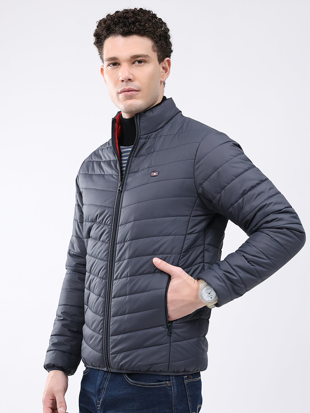 Men Blue Solid Collar Full Sleeve Jacket