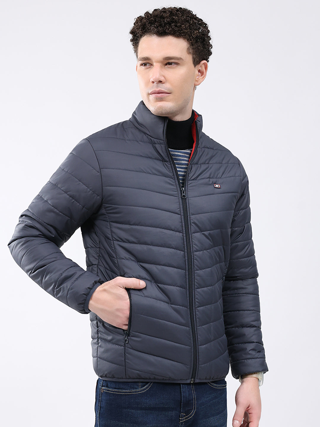 Men Blue Solid Collar Full Sleeve Jacket