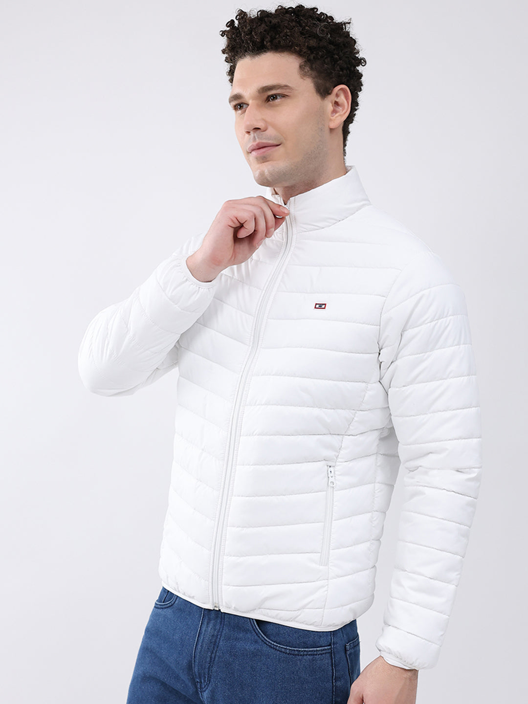 Men White Solid Collar Full Sleeve Jacket