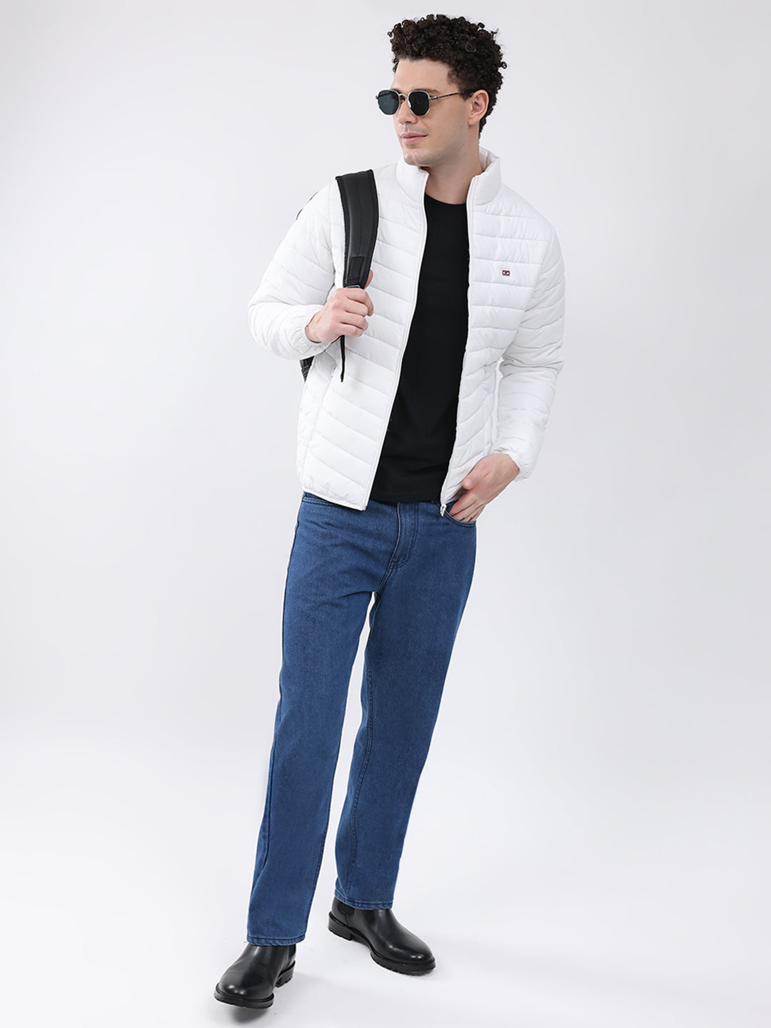 Men White Solid Collar Full Sleeve Jacket