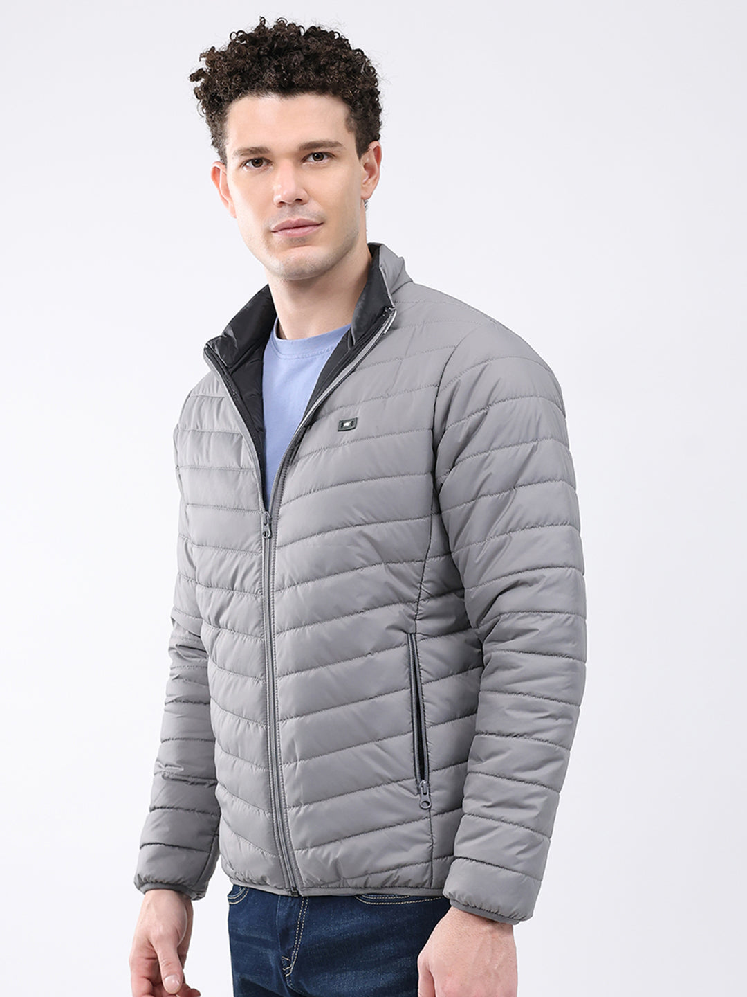 Men Grey Solid Collar Full Sleeve Jacket