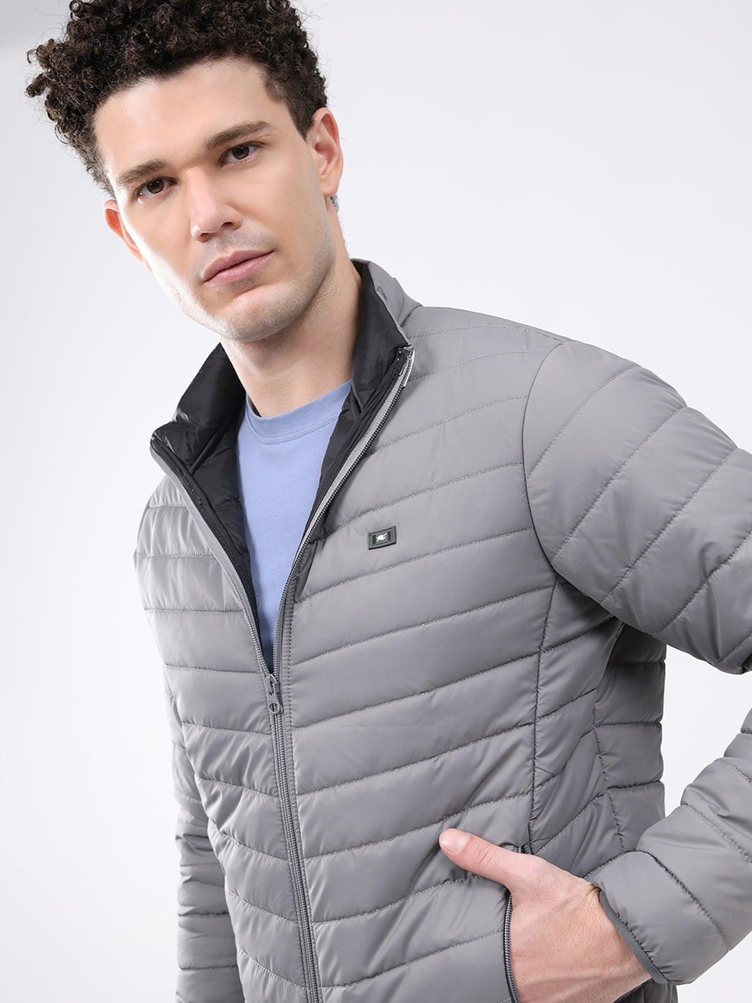 Men Grey Solid Collar Full Sleeve Jacket