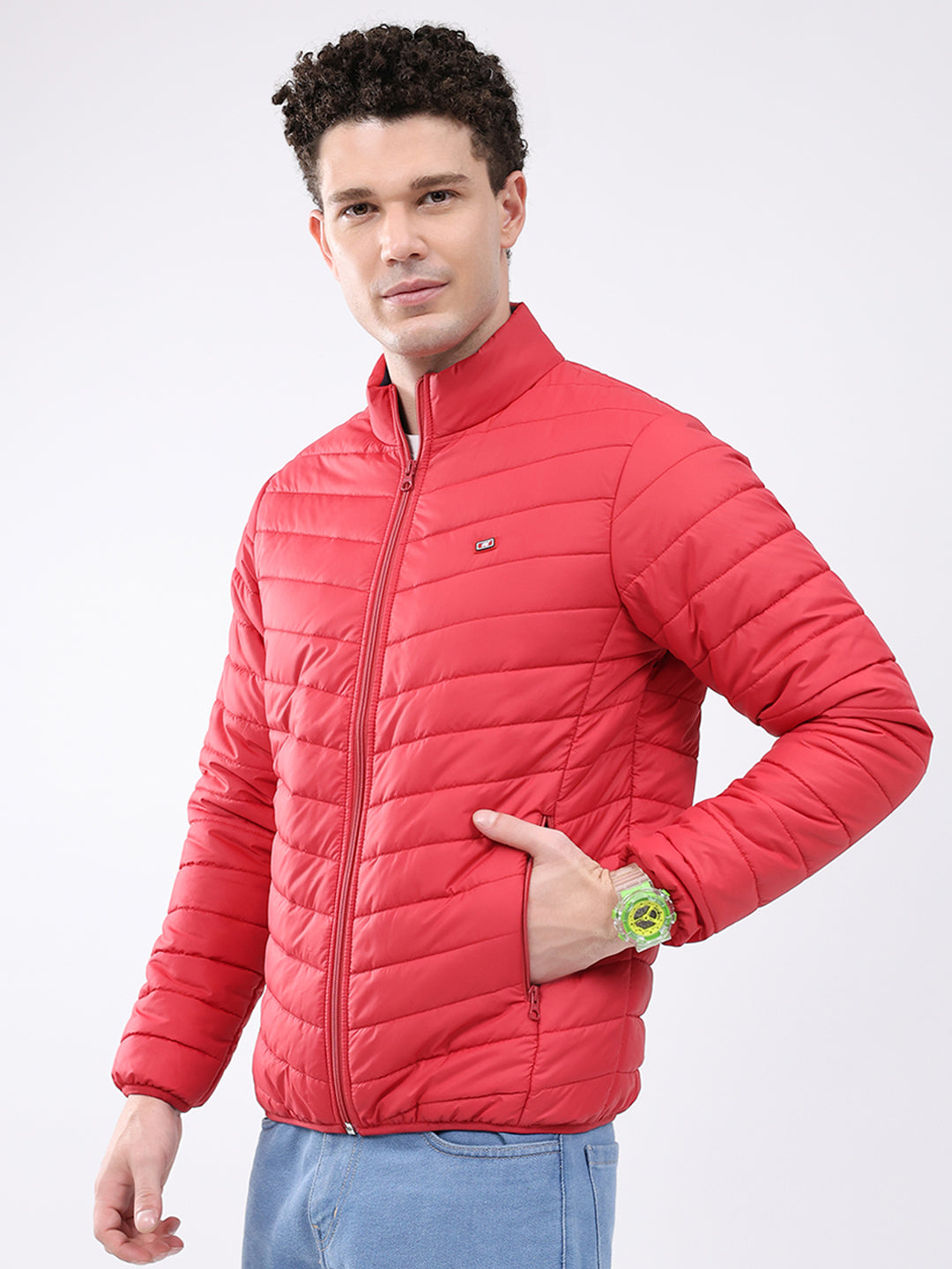 Men Red Solid Collar Full Sleeve Jacket