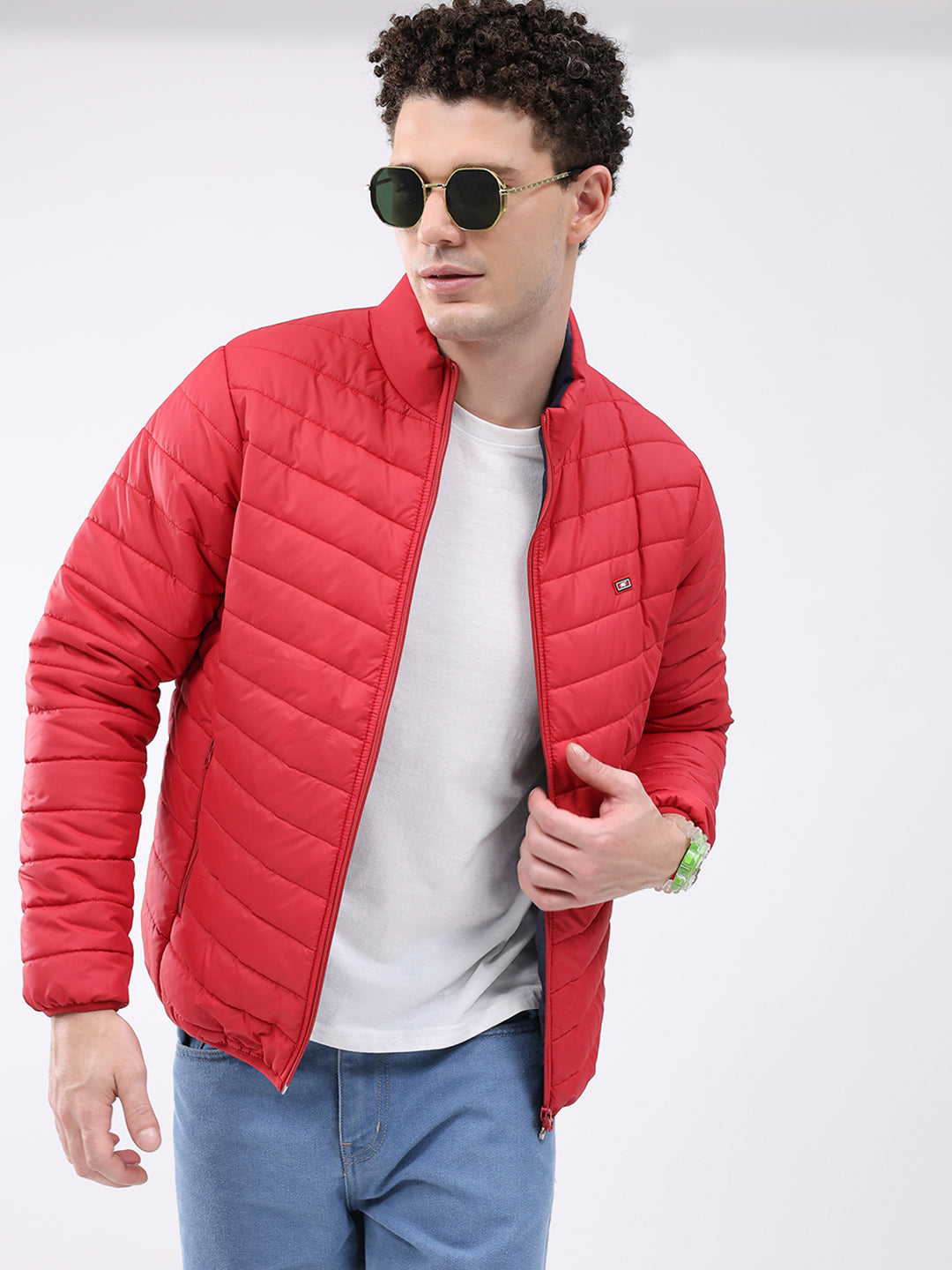 Men Red Solid Collar Full Sleeve Jacket