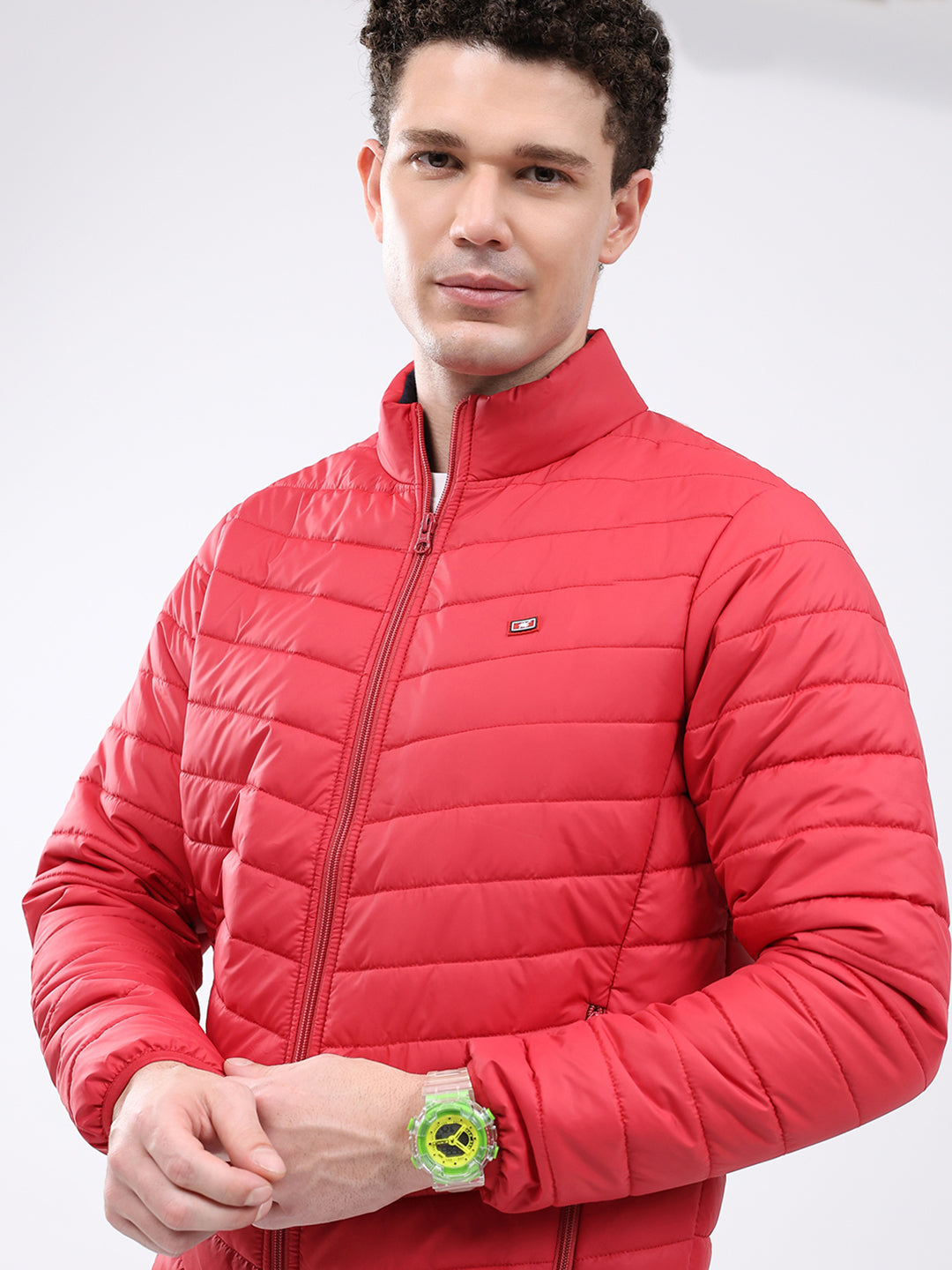 Men Red Solid Collar Full Sleeve Jacket