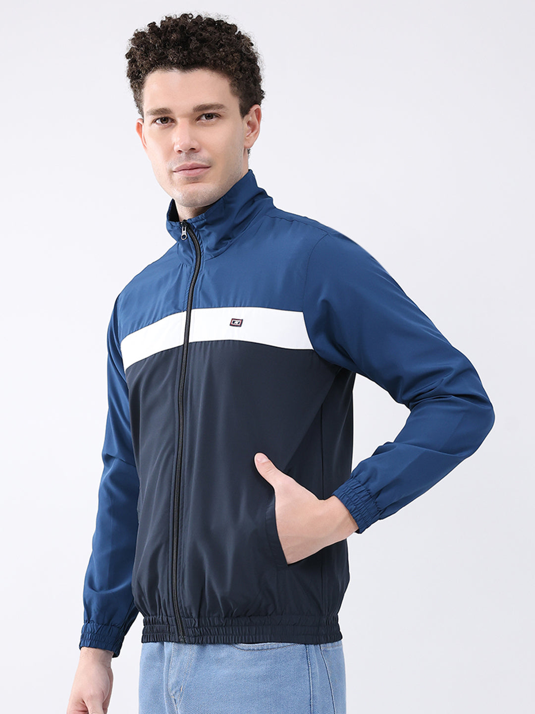 Men Navy Blue Printed Collar Full Sleeve Jacket