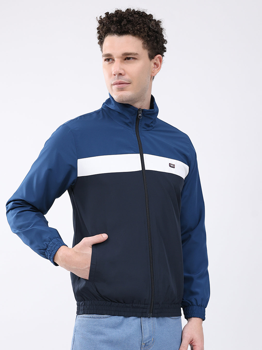 Men Navy Blue Printed Collar Full Sleeve Jacket