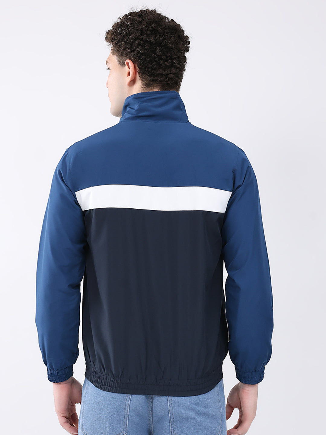 Men Navy Blue Printed Collar Full Sleeve Jacket