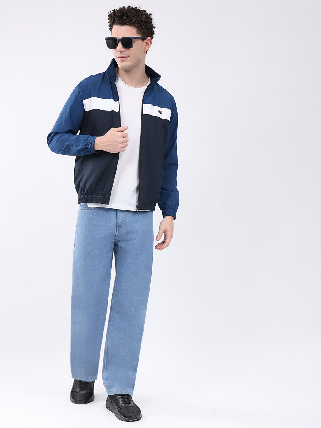 Men Navy Blue Printed Collar Full Sleeve Jacket