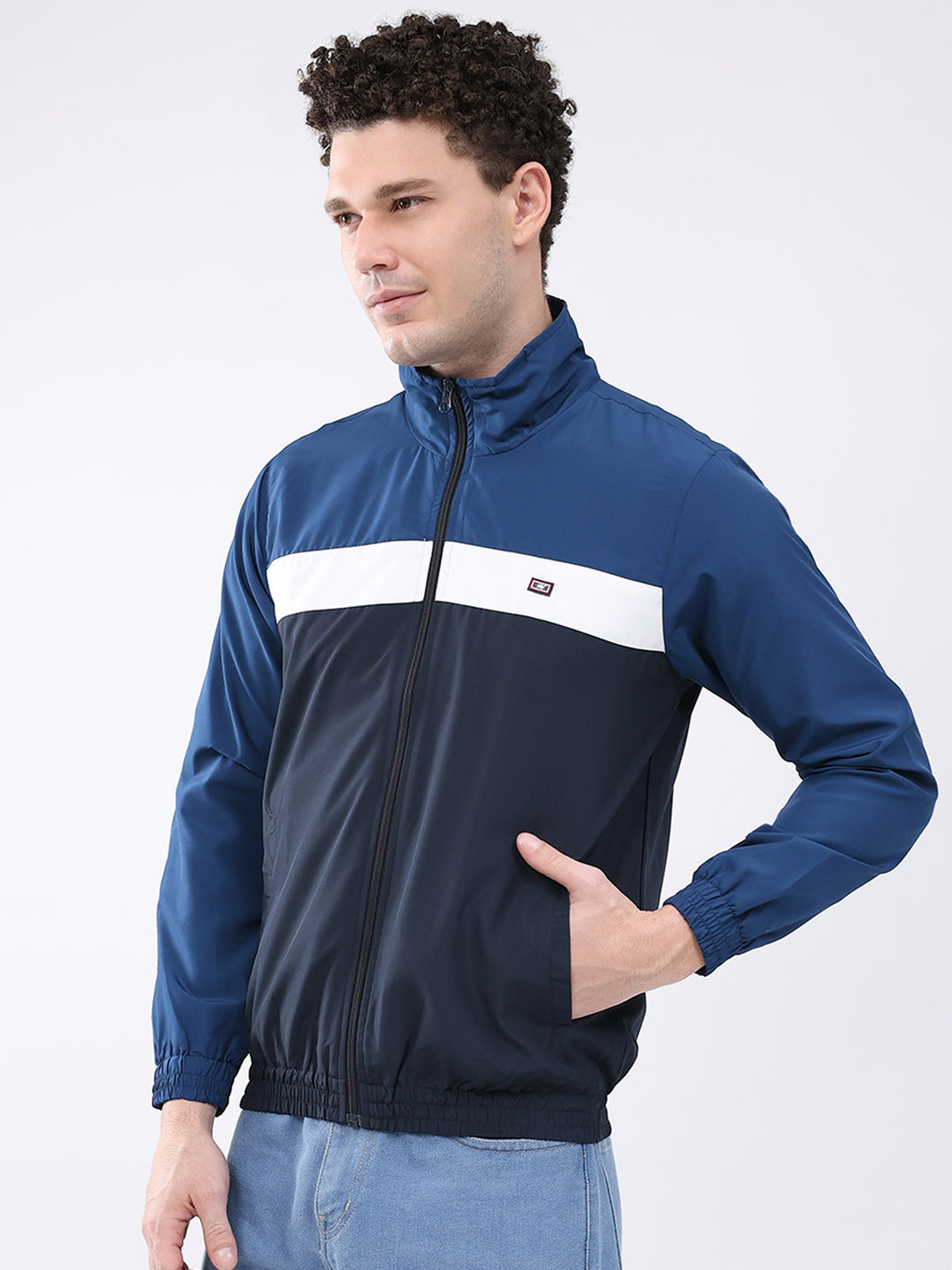 Men Navy Blue Printed Collar Full Sleeve Jacket