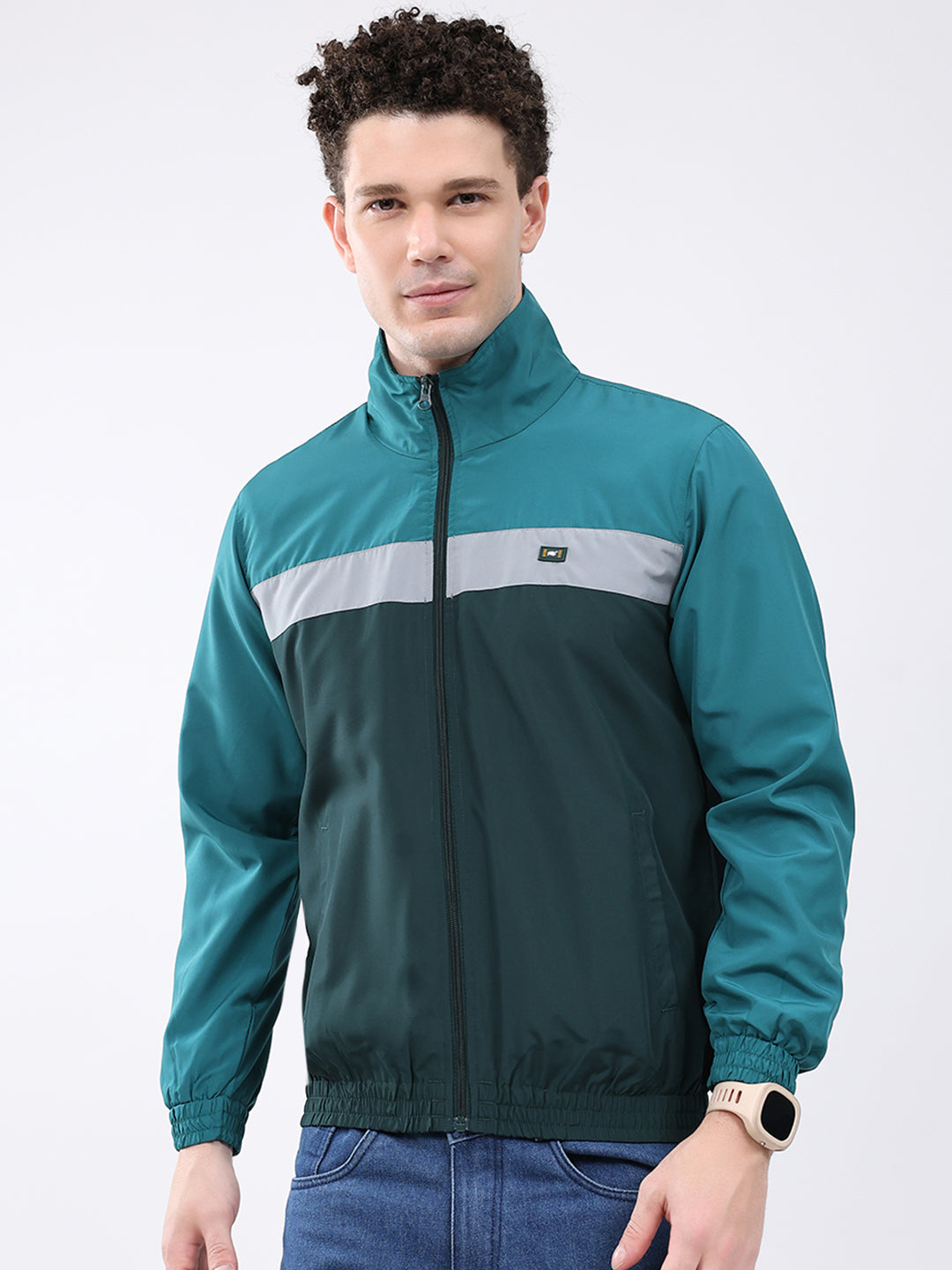 Men Dark Green Printed Collar Full Sleeve Jacket