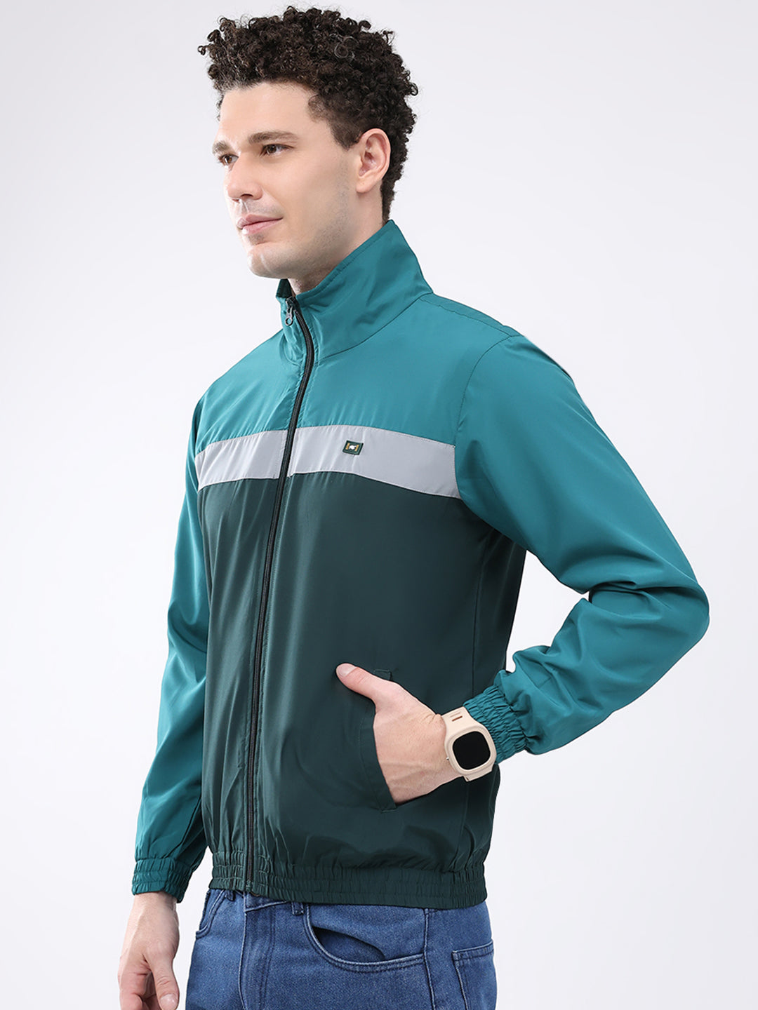 Men Dark Green Printed Collar Full Sleeve Jacket