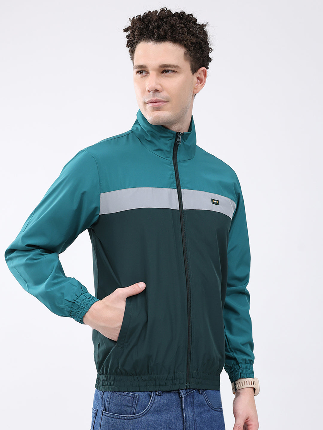 Men Dark Green Printed Collar Full Sleeve Jacket
