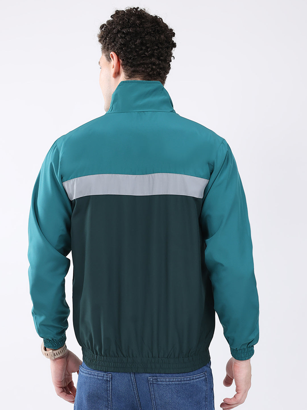 Men Dark Green Printed Collar Full Sleeve Jacket
