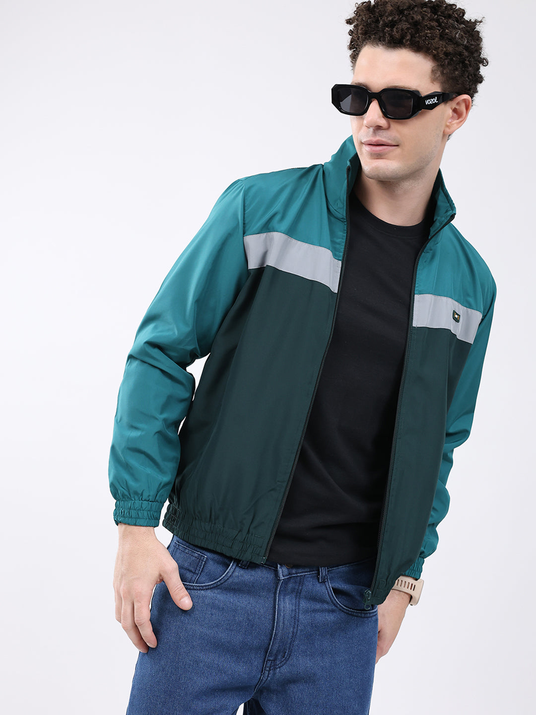 Men Dark Green Printed Collar Full Sleeve Jacket