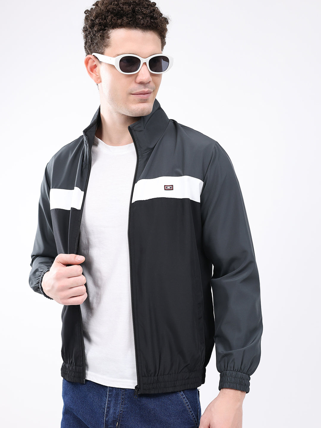 Men Grey Printed Collar Full Sleeve Jacket